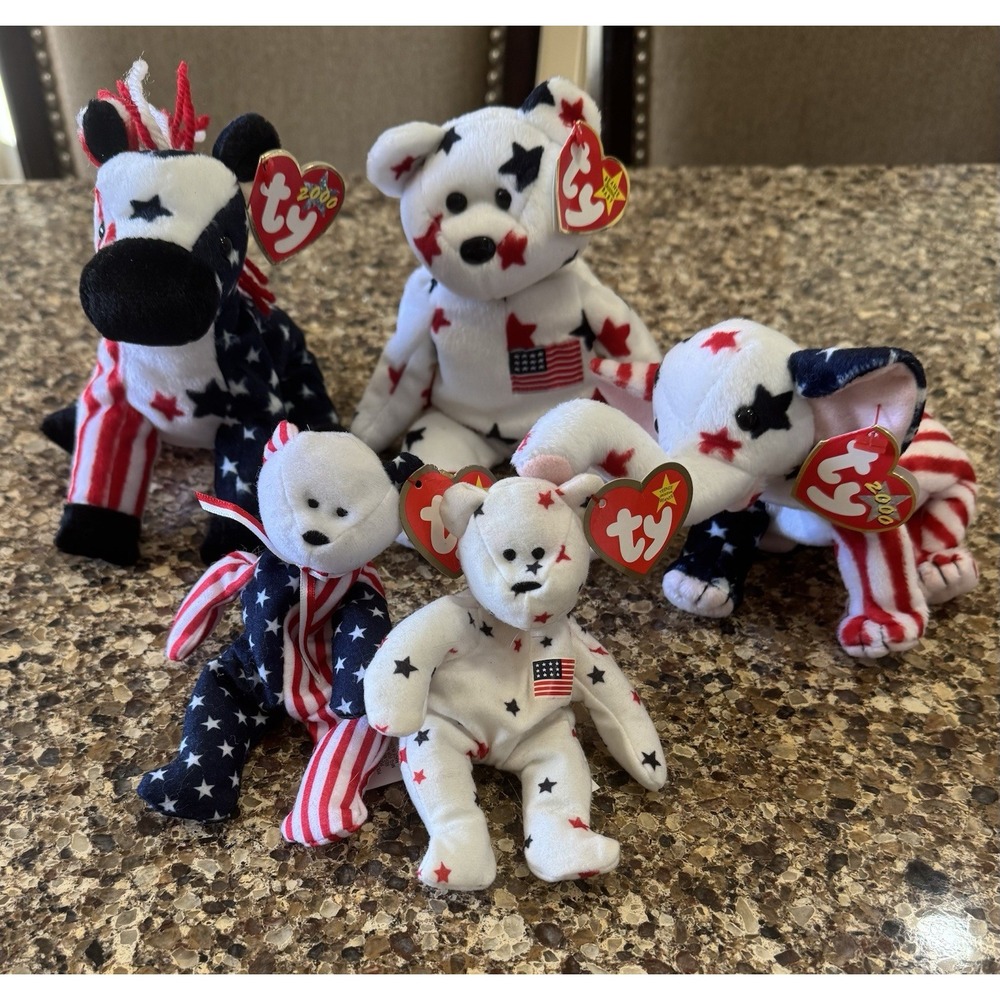 Lot Of 5 Ty Beanie Babies Patriotic With Tags 3 Standard Beanies And Two Teenies